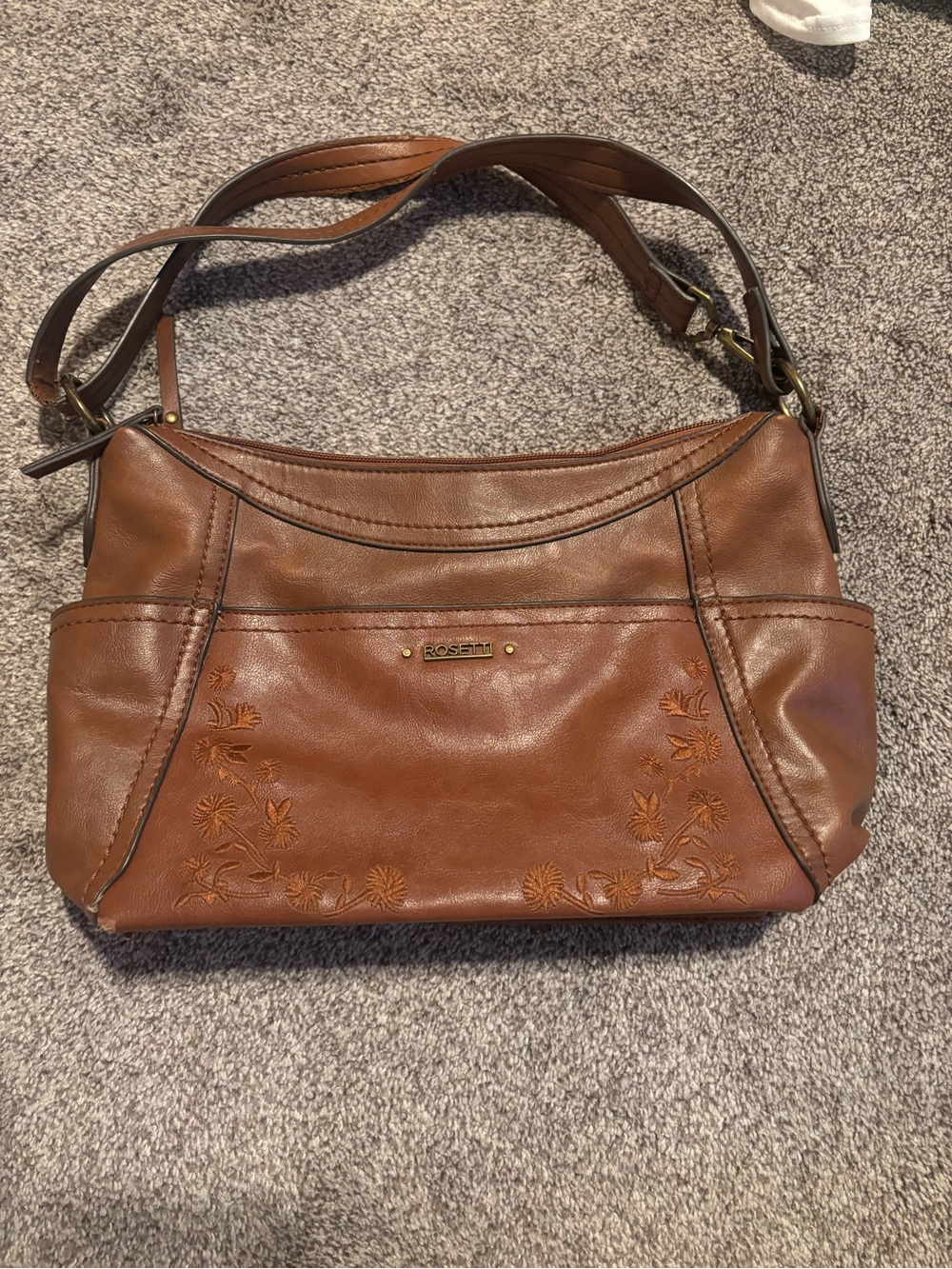 Rosetti Brown Leather Shoulder Bag with Embossed Floral Accent